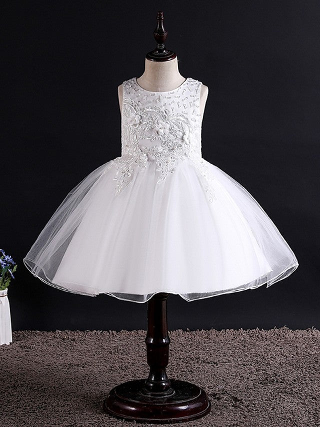 Short Ball Gown Tulle Sleeveless Jewel Neck Wedding Party Flower Girl Dresses