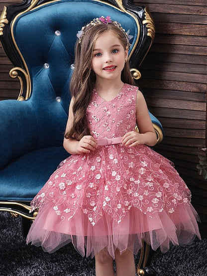 Short Ball Gown Tulle Sleeveless V Neck Wedding Party Flower Girl Dresses