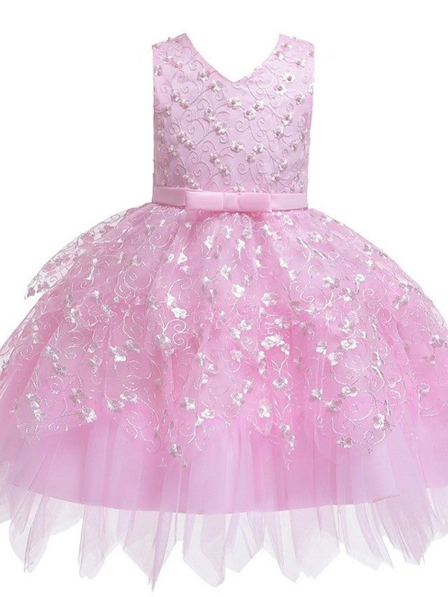 Short Ball Gown Tulle Sleeveless V Neck Wedding Party Flower Girl Dresses