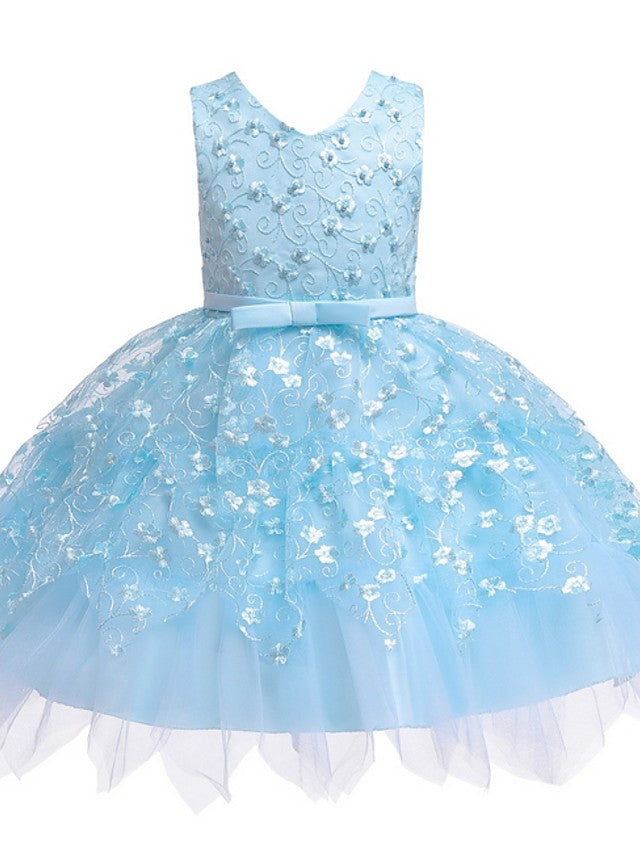 Short Ball Gown Tulle Sleeveless V Neck Wedding Party Flower Girl Dresses