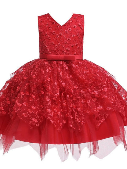 Short Ball Gown Tulle Sleeveless V Neck Wedding Party Flower Girl Dresses