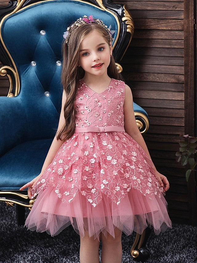 Short Ball Gown Tulle Sleeveless V Neck Wedding Party Flower Girl Dresses