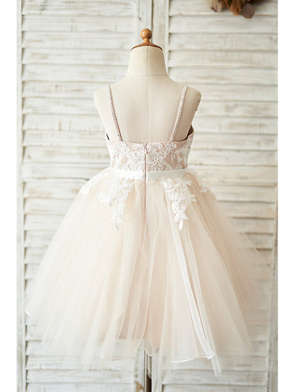 Short Ball Gown Tulle Spaghetti Strap Wedding Birthday Flower Girl Dresses