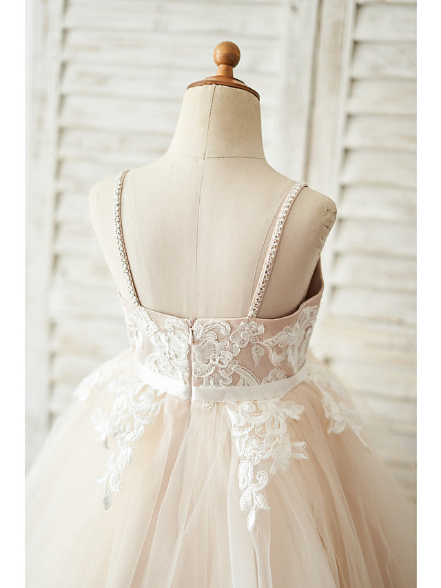 Short Ball Gown Tulle Spaghetti Strap Wedding Birthday Flower Girl Dresses