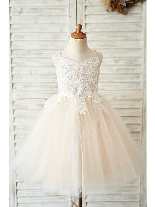 Short Ball Gown Tulle Spaghetti Strap Wedding Birthday Flower Girl Dresses