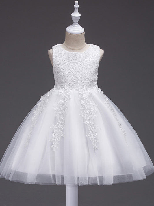 Short Princess Lace Tulle Jewel Neck Wedding First Communion Birthday Flower Girl Dresses