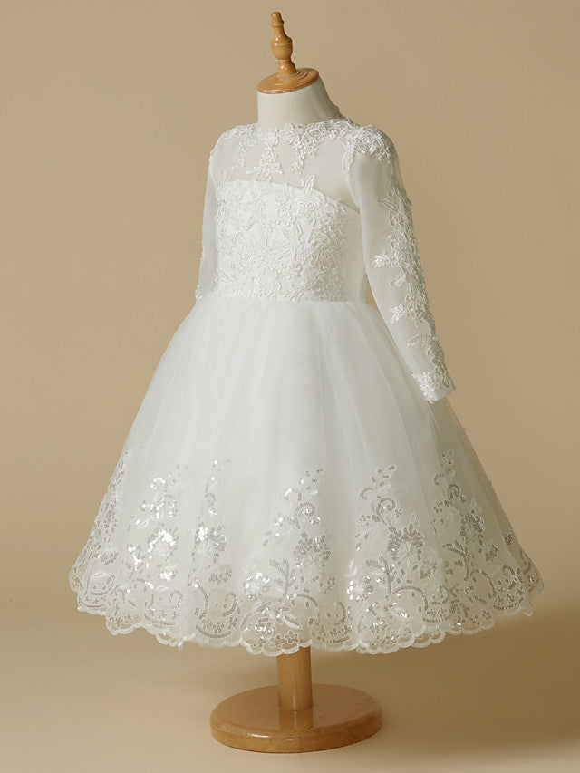 Short Princess Lace Tulle Wedding First Communion Flower Girl Dresses with Sleeves