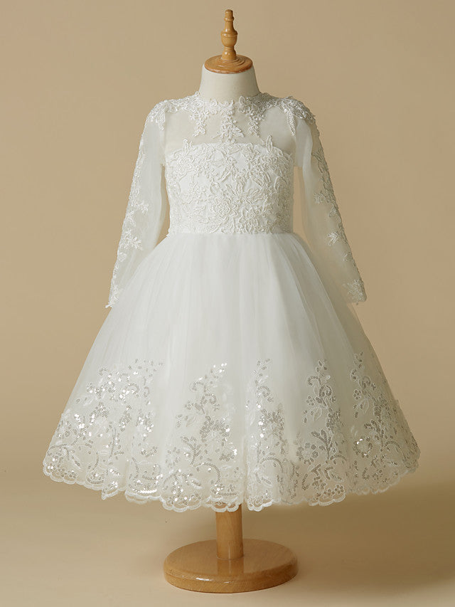 Short Princess Lace Tulle Wedding First Communion Flower Girl Dresses with Sleeves