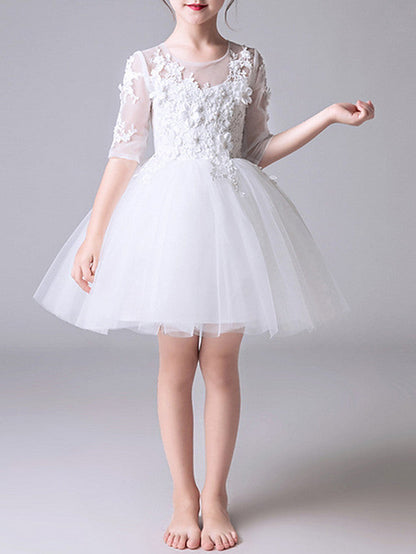 Short Princess Polyester Jewel Neck First Communion Flower Girl Dresses with Sleeves