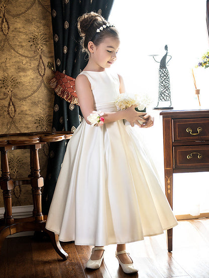 Short Princess Satin Jewel Neck Wedding First Communion Flower Girl Dresses