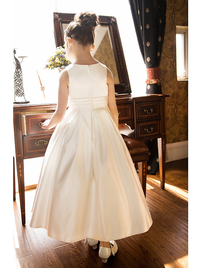 Short Princess Satin Jewel Neck Wedding First Communion Flower Girl Dresses