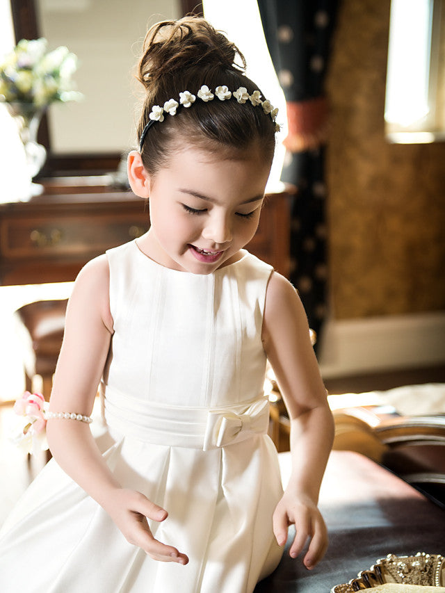 Short Princess Satin Jewel Neck Wedding First Communion Flower Girl Dresses