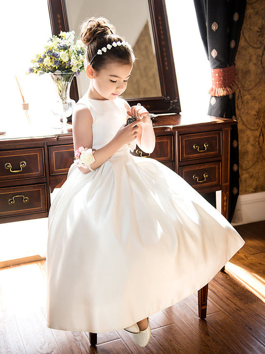 Short Princess Satin Jewel Neck Wedding First Communion Flower Girl Dresses