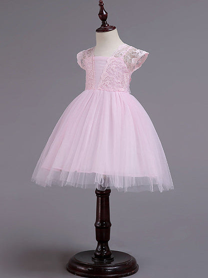 Short Princess Square Neck Lace Tulle Wedding Party Pageant Flower Girl Dresses