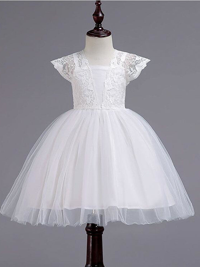 Short Princess Square Neck Lace Tulle Wedding Party Pageant Flower Girl Dresses