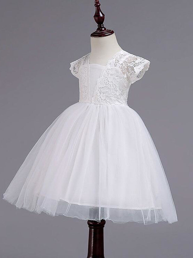 Short Princess Square Neck Lace Tulle Wedding Party Pageant Flower Girl Dresses