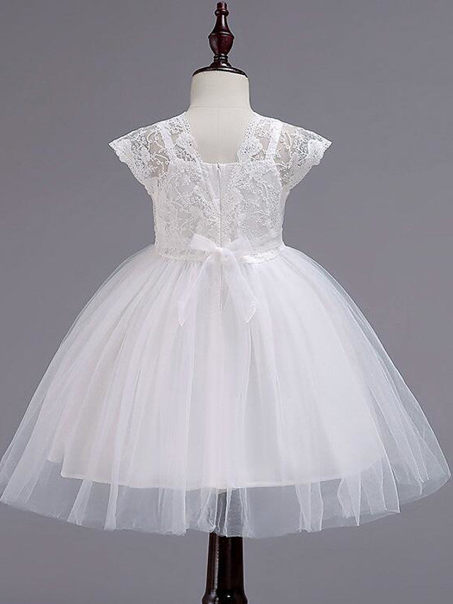 Short Princess Square Neck Lace Tulle Wedding Party Pageant Flower Girl Dresses