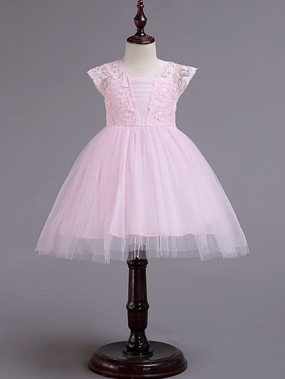 Short Princess Square Neck Lace Tulle Wedding Party Pageant Flower Girl Dresses