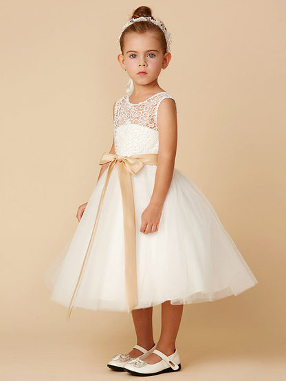 Short Princess Tulle Jewel Neck Wedding First Communion Flower Girl Dresses