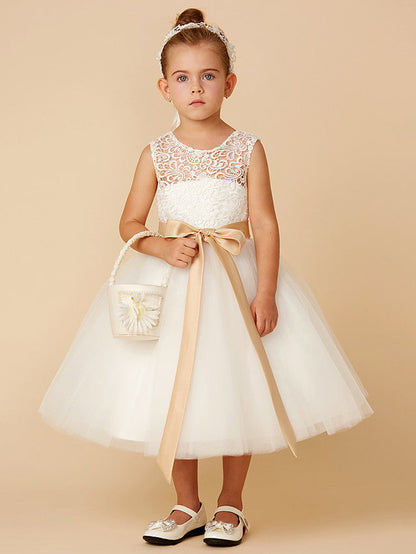 Short Princess Tulle Jewel Neck Wedding First Communion Flower Girl Dresses