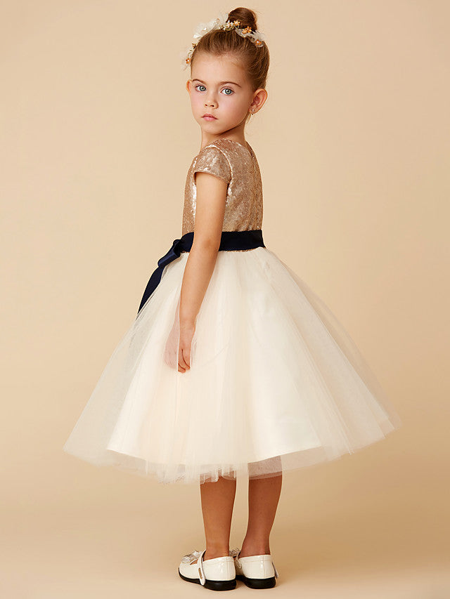 Short Princess Tulle Sequined Jewel Neck Pageant Flower Girl Dresses with Sleeves