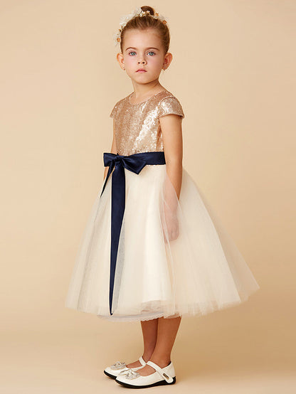 Short Princess Tulle Sequined Jewel Neck Pageant Flower Girl Dresses with Sleeves