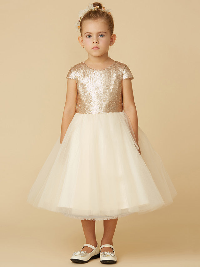 Short Princess Tulle Sequined Jewel Neck Pageant Flower Girl Dresses with Sleeves