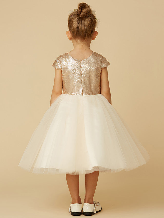 Short Princess Tulle Sequined Jewel Neck Pageant Flower Girl Dresses with Sleeves