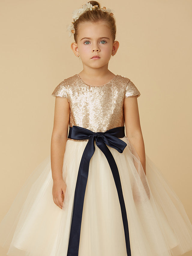 Short Princess Tulle Sequined Jewel Neck Pageant Flower Girl Dresses with Sleeves