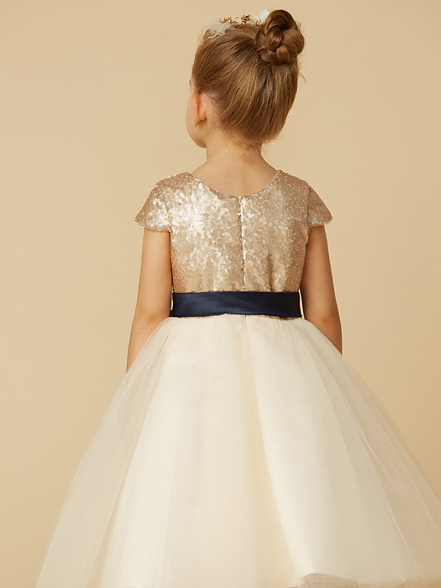 Short Princess Tulle Sequined Jewel Neck Pageant Flower Girl Dresses with Sleeves