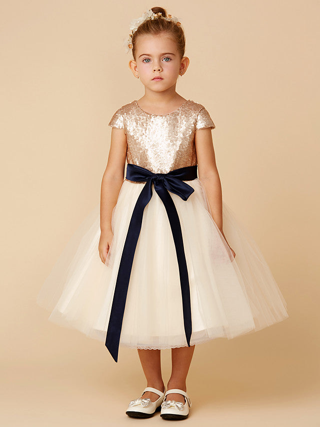 Short Princess Tulle Sequined Jewel Neck Pageant Flower Girl Dresses with Sleeves