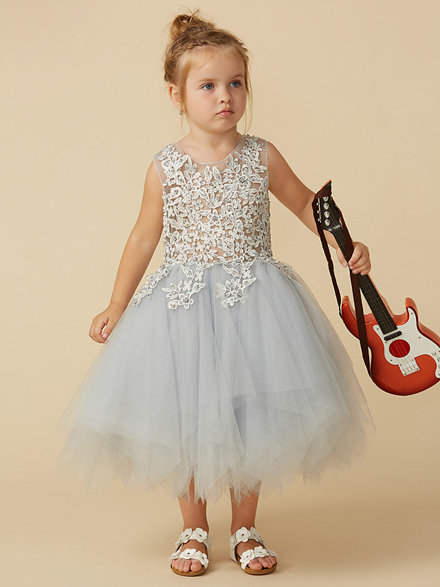 Short Princess Tulle Sleeveless Jewel Neck Pageant Flower Girl Dresses