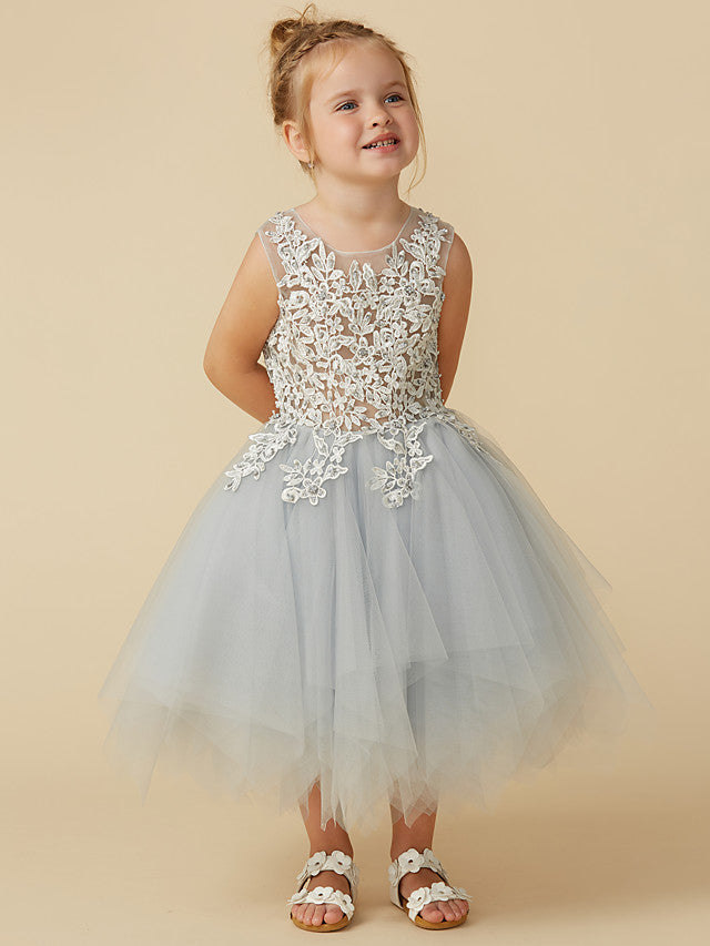 Short Princess Tulle Sleeveless Jewel Neck Pageant Flower Girl Dresses