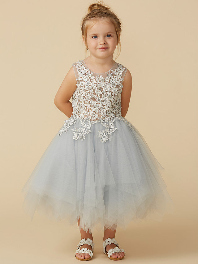 Short Princess Tulle Sleeveless Jewel Neck Pageant Flower Girl Dresses