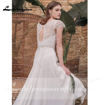 NumberSea Short Sleeve V Neck Lace Top Chifffon Backless Wedding Dresses