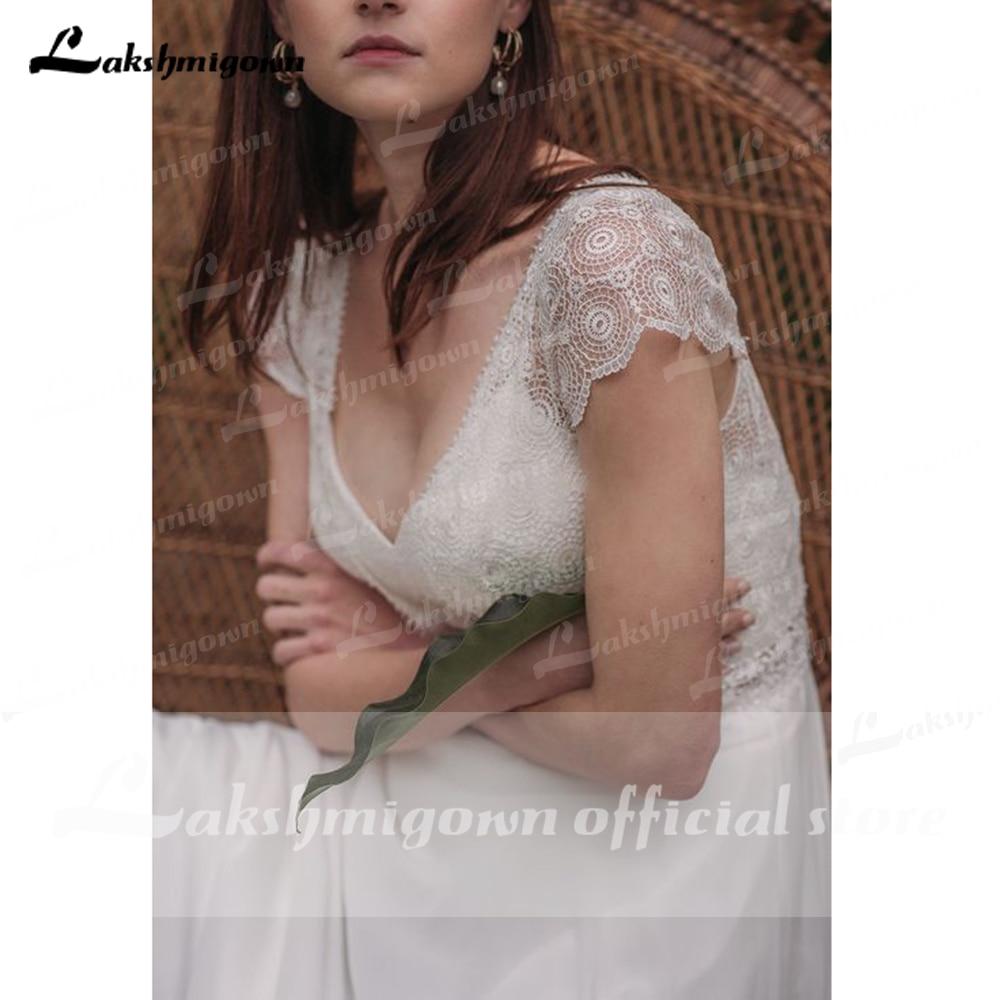 NumberSea Short Sleeve V Neck Lace Top Chifffon Backless Wedding Dresses