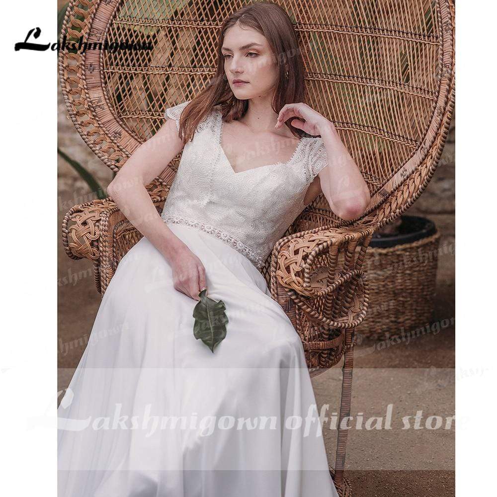 NumberSea Short Sleeve V Neck Lace Top Chifffon Backless Wedding Dresses