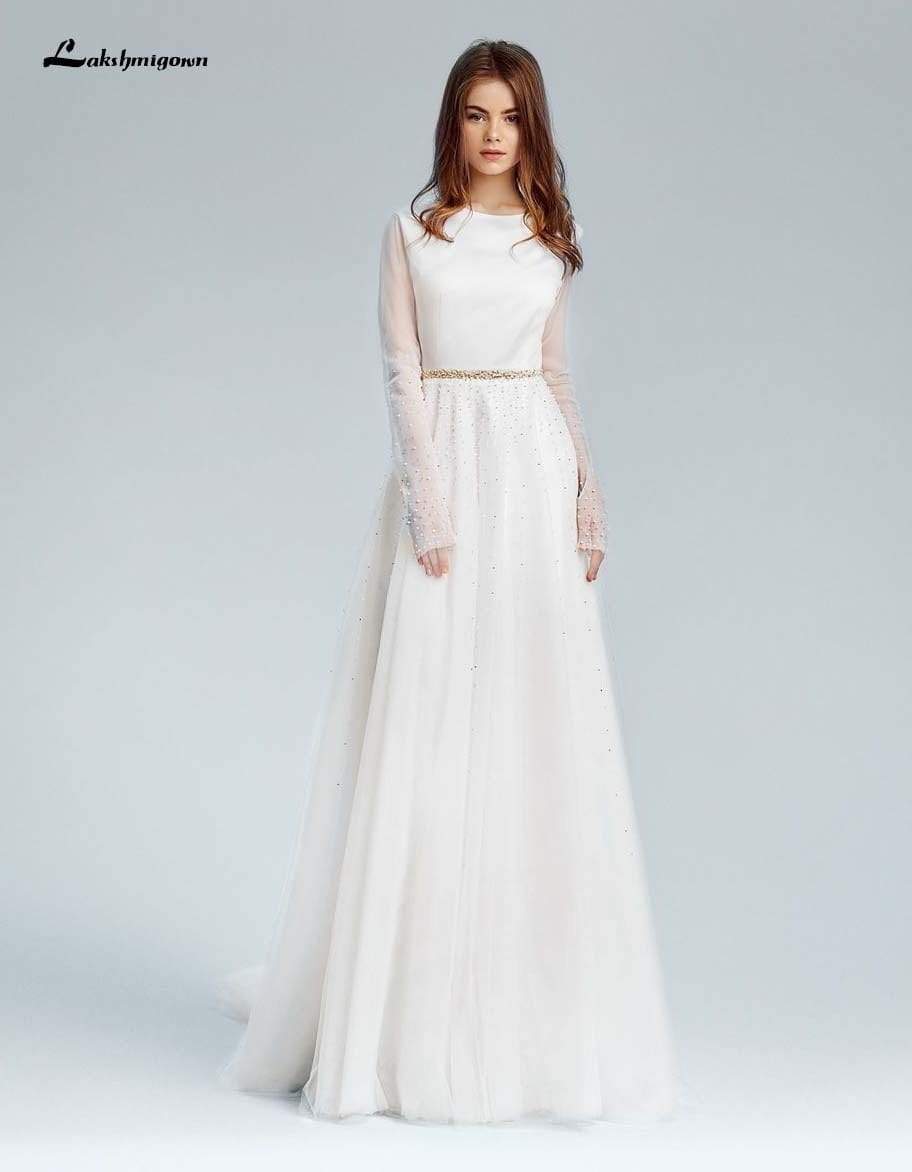 NumberSea Simple A-line Modest Wedding Dresses With Long Sleeves