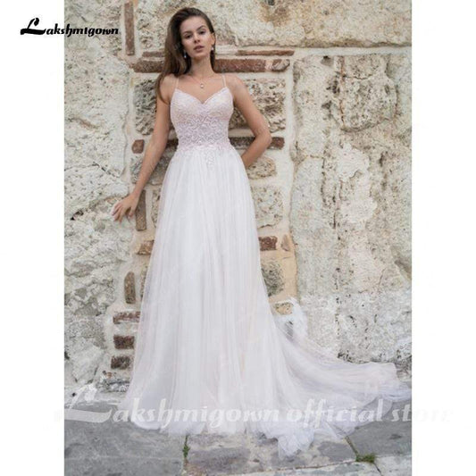 NumberSea Simple A-Line V-Neck Lace Wedding Dress White sleeveless