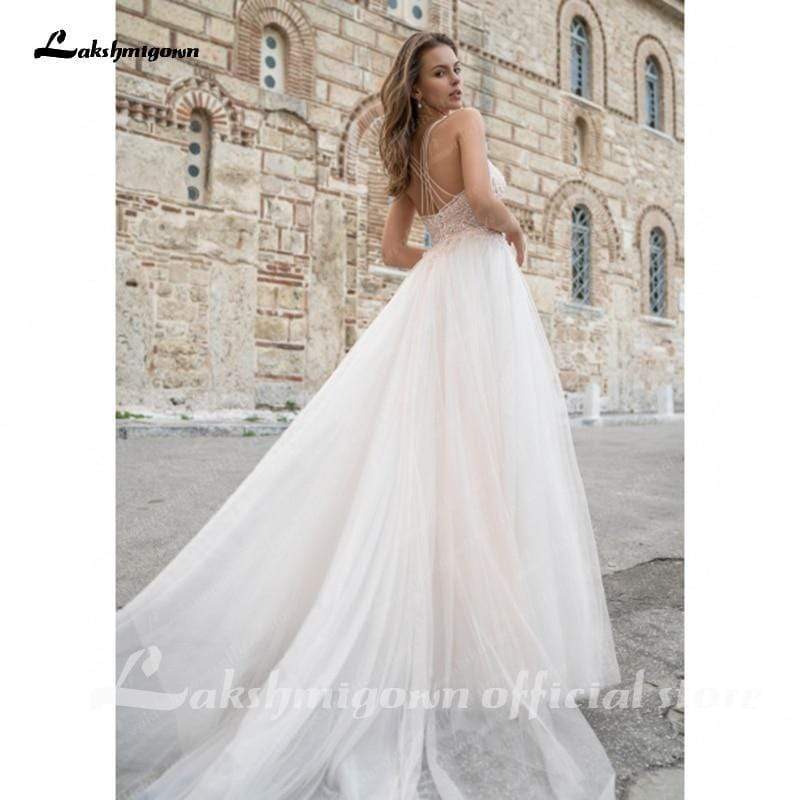 NumberSea Simple A-Line V-Neck Lace Wedding Dress White sleeveless