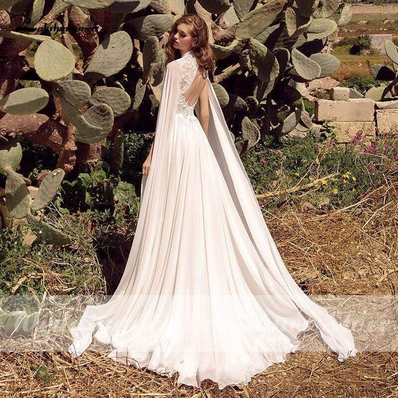 NumberSea Simple Beach Boho Wedding Dresses with Cape Open Back Lace