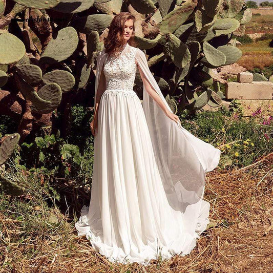 NumberSea Schlichte Strand-Boho-Brautkleider mit Cape, offenem Rücken und Spitze