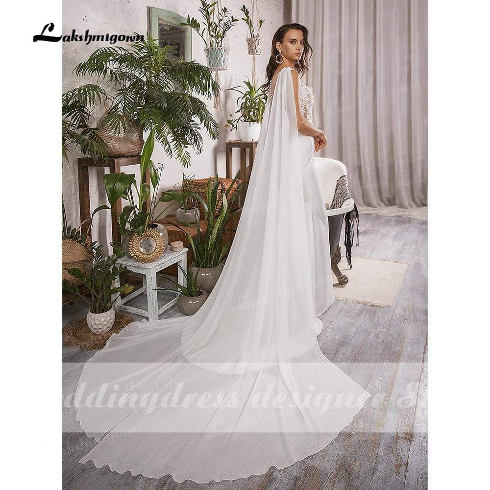 NumberSea Einfache Boho Meerjungfrau Brautkleider mit Kappe Ärmellos U-Ausschnitt Satin Elegante Spitze Appliques Brautkleider vestido de novia