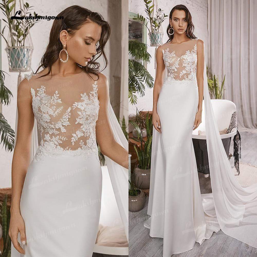 NumberSea Einfache Boho Meerjungfrau Brautkleider mit Kappe Ärmellos U-Ausschnitt Satin Elegante Spitze Appliques Brautkleider vestido de novia