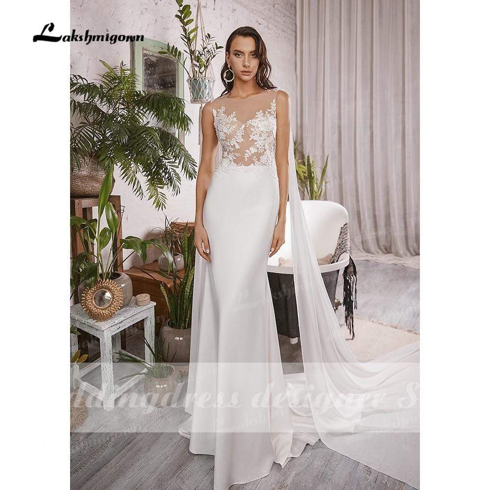 NumberSea Einfache Boho Meerjungfrau Brautkleider mit Kappe Ärmellos U-Ausschnitt Satin Elegante Spitze Appliques Brautkleider vestido de novia