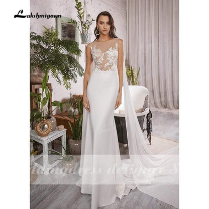 NumberSea Simple Boho Mermaid Wedding Dresses with Cap Sleeveless Scoop Neck Satin Elegant Lace Appliques Bridal Gowns vestido de novia