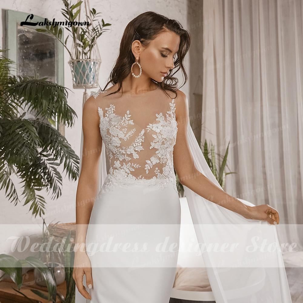 NumberSea Einfache Boho Meerjungfrau Brautkleider mit Kappe Ärmellos U-Ausschnitt Satin Elegante Spitze Appliques Brautkleider vestido de novia