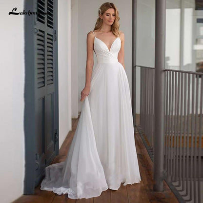 NumberSea Einfaches Chiffon-Hochzeitskleid mit Spaghettiträgern und V-Ausschnitt