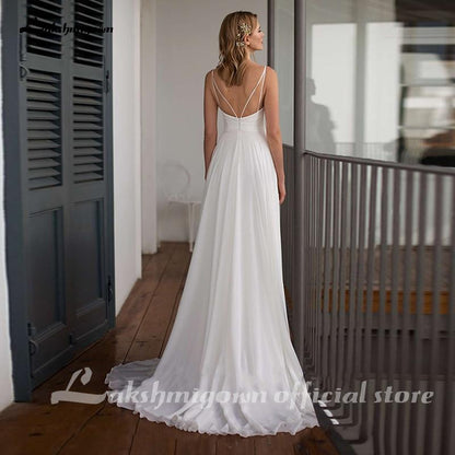 NumberSea Simple Chiffon Wedding Dress Spaghetti Straps V Neck