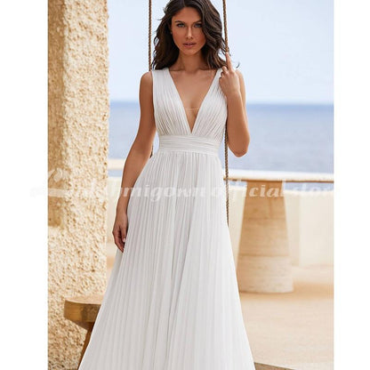 NumberSea Simple Chiffon Wedding Dress With Pleats V-Neck Simple